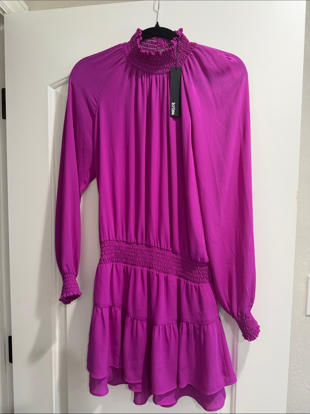 Kensie Fuchsia Smocked-Neck Long Sleeve Mini Dress